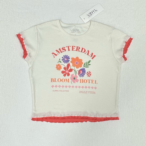 White with red ruffle hems, Amsterdam Bloom Hotel crop top. Flower print. NWT - Picture 6 of 6